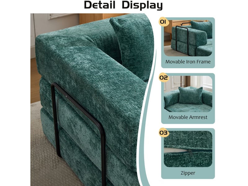  Canapé convertible pliable modulable avec accoudoirs rabattables, sans montage, en chenille vert foncé  - Conforama E