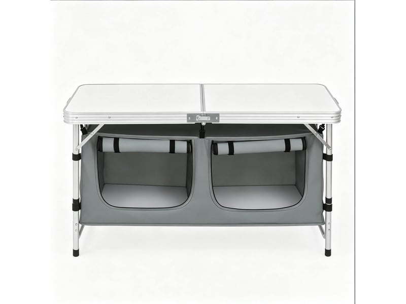 Table de camping pliante blanche et grise 120 x 47 cm, réglable en hauteur avec sac suspendu pour jardin - Conforama A