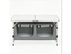 Table de camping pliante blanche et grise 120 x 47 cm, réglable en hauteur avec sac suspendu pour jardin