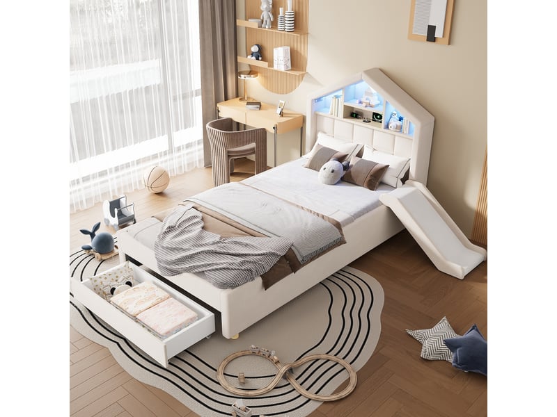  Lit cabane 90x200cm - lit enfant rembourré avec toboggan réversible, led, prises usb, étagère et tiroir de lit - beige  - Conforama B