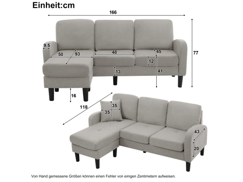 Canapé d'angle modulable 3 places avec méridienne réversible gris 166 x 118 x 77 cm - Conforama E