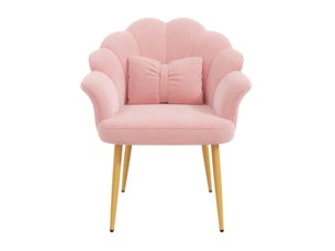 Fauteuil 1 place 64x65,5x85 cm, dossier pétale, coussin, accoudoirs, pieds en fer doré, tissu bouclette rose