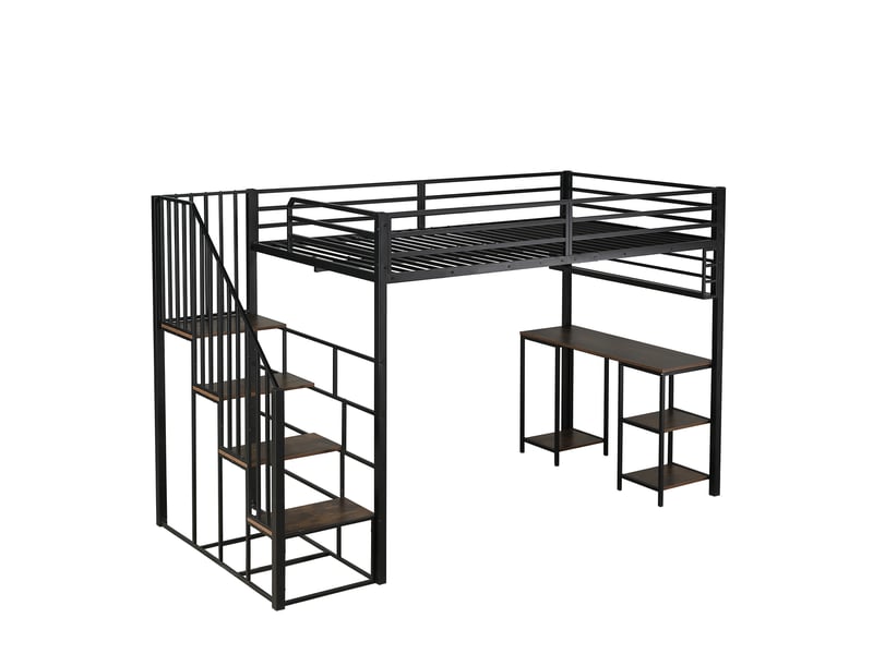 Lit mezzanine 120x200 cm - bureau intégré - escalier avec mains courantes - étagère de rangement - métal et bois - noir - Conforama R