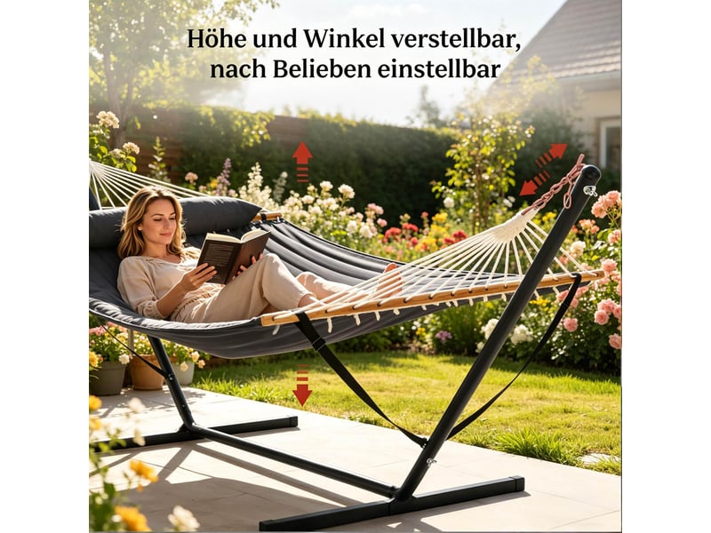  Hamac double sur pied 200x140 cm – anthracite – coussin inclus, poche latérale, suspension réglable  - Conforama E