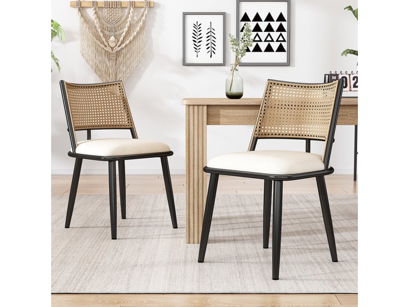  Chaises de salle à manger lot de 4 avec dossier en rotin et assise rembourrée  - pu et métal noir  - Conforama B