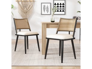 Chaises de salle à manger lot de 4 avec dossier en rotin et assise rembourrée  - pu et métal noir