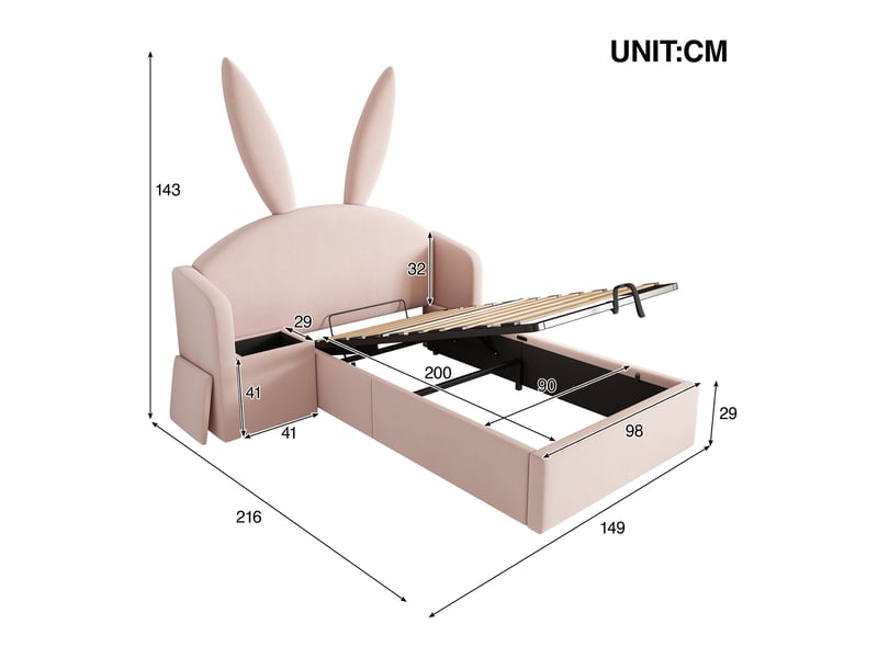  Modenvie lit enfant coffre 90x200 cm - table de chevet réversible, rangement hydraulique, sans matelas - rose  - Conforama C