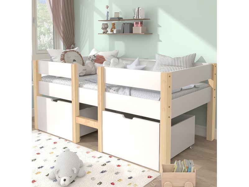  Lit enfant mi-hauteur 90x200 cm avec tiroirs, barrière et échelle, blanc et bois  - Conforama B