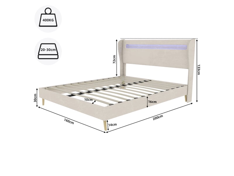  Lit 160x200 cm minimaliste avec tête capitonnée et base surbaissée led, sans rangement, sans matelas  - Conforama C
