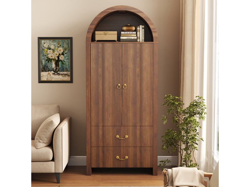  Buffet haut moderne à arche, éclairage led variable via application, deux portes et deux tiroirs, façade striée verticalement  - Conforama B