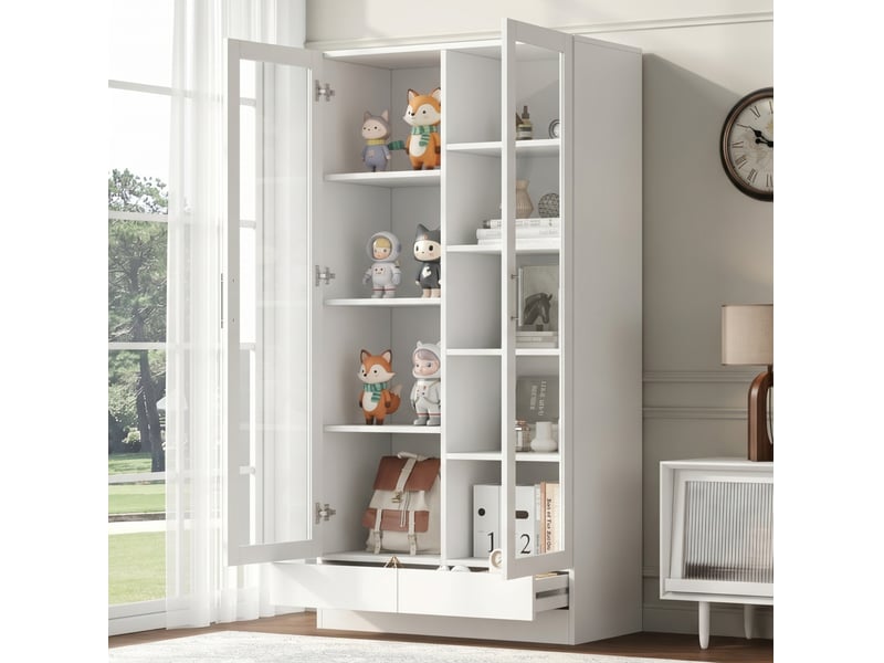  Armoire vitrée de rangement 80 x 40 x 160 cm – blanc – 2 tiroirs push-to-open et rangement modulable  - Conforama E