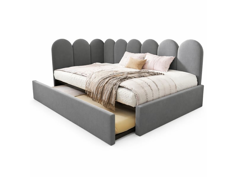  Lit banquette 200×90 cm avec lit gigogne 190×90 cm, côtés interchangeables, en velours gris, sans matelas  - Conforama A