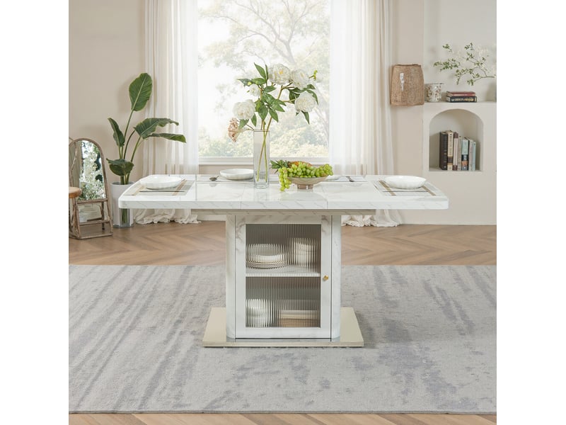  Table à manger extensible tcqpz 120 à 160 x 80 cm avec rangement mdf acier verre blanc effet marbre  - Conforama E
