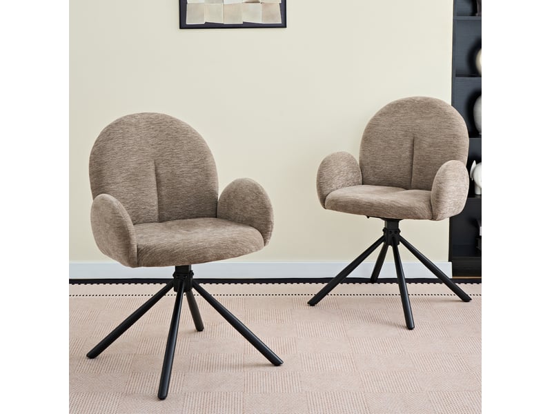 Lot de 2 chaises de salle à manger pivotantes avec accoudoirs en chenille taupe et pieds en métal noir - Conforama B