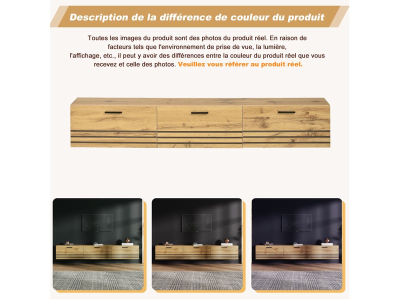  Meuble tv mural suspendu 160x30x25,5 cm, 3 tiroirs, tv jusqu’à 65 pouces, mdf, panneaux de particules, naturel  - Conforama E