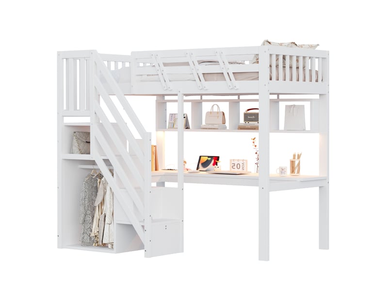  Lit mezzanine 90x200 cm avec bureau, led et rangement bois blanc sans matelas  - Conforama A
