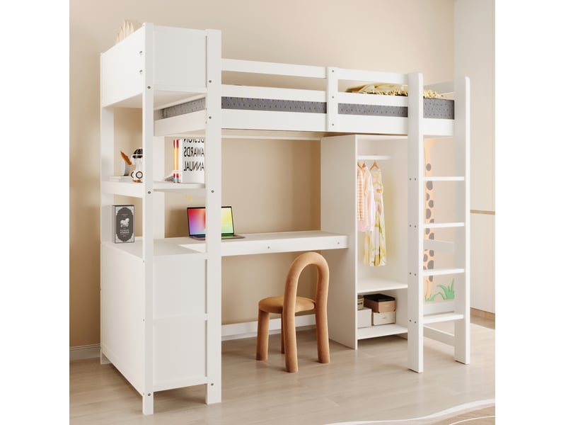  Lit combiné enfant surélevé 90x200 cm avec bureau, rangements et armoire blanc  - Conforama E