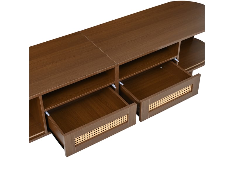  Meuble tv ovale 170x40x40 cm, 2 tiroirs rotin et 2 portes coulissantes, mdf noyer foncé  - Conforama R