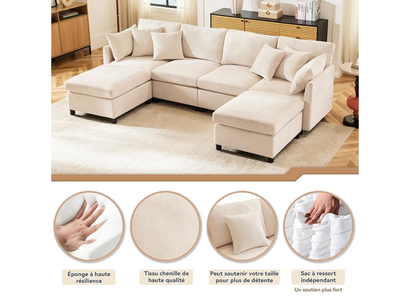  Canapé modulable 6 places en tissu chenille beige 278x161x81 cm N653P97714123A - Conforama D