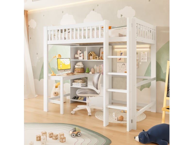  Lit mezzanine 90x200 cm, blanc, équipé de bureau et 3 tiroirs, bois et mdf, sans matelas  - Conforama B
