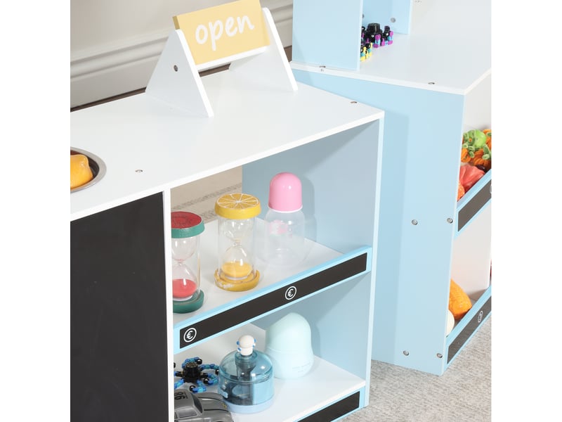 Magasin jouet enfant, bleu, étagères, réfrigérateur, tableau noir, comptoir latéral et robinet, dès 3 ans - Conforama D