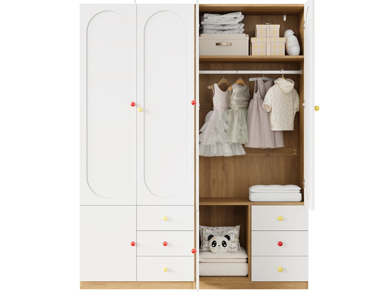  Lot de 2 armoires 4 portes 6 tiroirs 160x50x200 cm, tringles, poignées céramique, anti-basculement, mdf blanc  - Conforama A