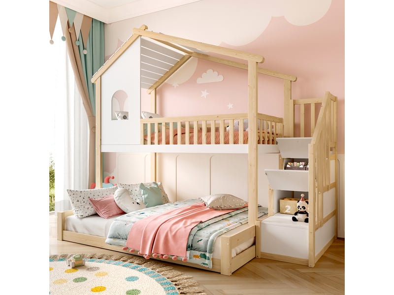  Lit superposé enfant 200×90 cm et 200×140 cm avec escalier de rangement et garde-corps, sans matelas, pin naturel et blanc  - Conforama B
