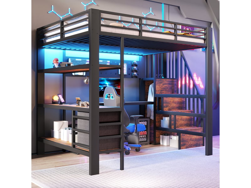  Lit mezzanine enfant métal 140 x 200 cm avec éclairage led  - 3 tiroirs- table - noir ABC - Conforama E