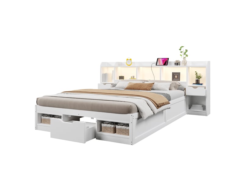  Lit 2 places 140x200 cm, sans matelas, mdf blanc, port usb, led intégré, 3 tiroirs, doté de tête de lit doté de espace de rangements  - Conforama A