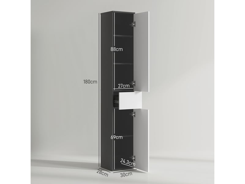  Colonne de salle de bain en bois gain de place avec 2 placards et un tiroir, 30 x 28 x 180 cm, noire  - Conforama E