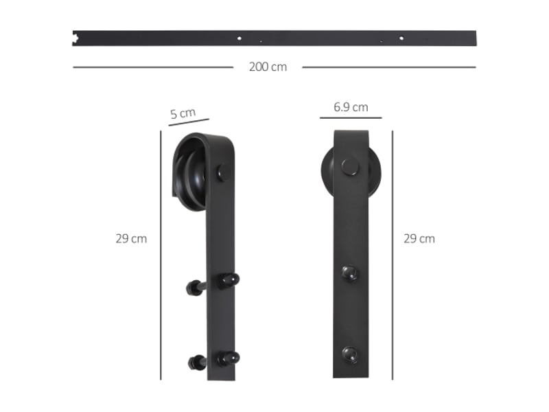  Kit de ferrure pour porte coulissante 200 cm en acier carbone noir avec rail, roulettes, butées, guide au sol et vis, système complet intérieur  - Conforama E
