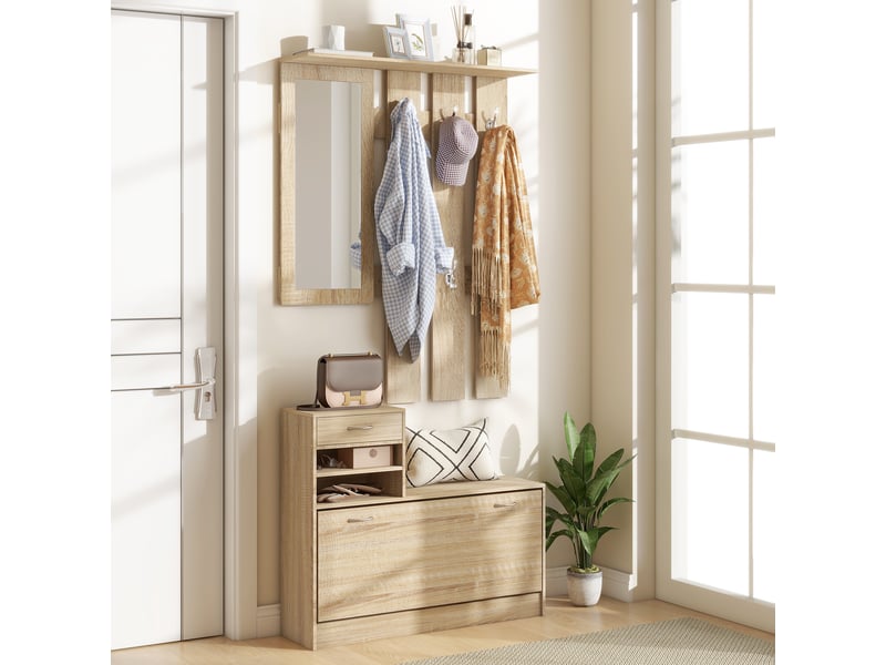  Meuble d'entrée vestiaire panneau porte-manteau, miroir et banc à chaussures - 6 crochets effet bois naturel 90x10x91cm  - Conforama D