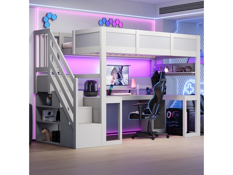  Lit mezzanine gamer avec bureau intégré 90x200cm led usb escalier rangement blanc  - Conforama B