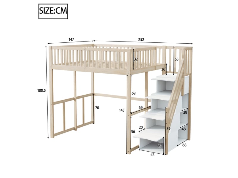  Lit mezzanine enfant 140x200 cm – bois naturel et blanc – escalier de rangement sécurisé - sans matelas  - Conforama C