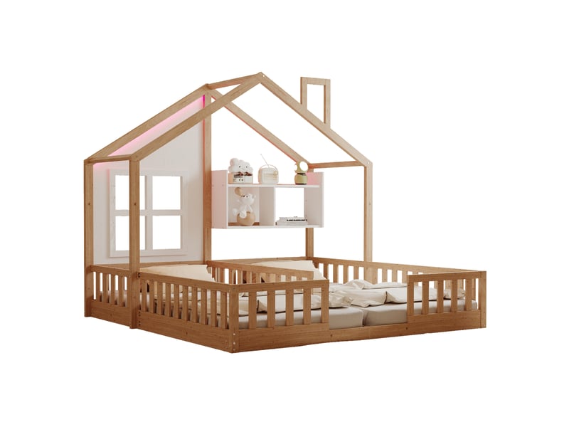  Lit double enfant maison 90x200 cm, barrières de sécurité, rangement, éclairage led, naturel, bois et en mdf, sans matelas  - Conforama A