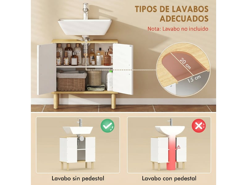  Meuble sous lavabo sans colonne avec portes cannelées, blanc et chêne, 60 x 30 x 61 cm  - Conforama R