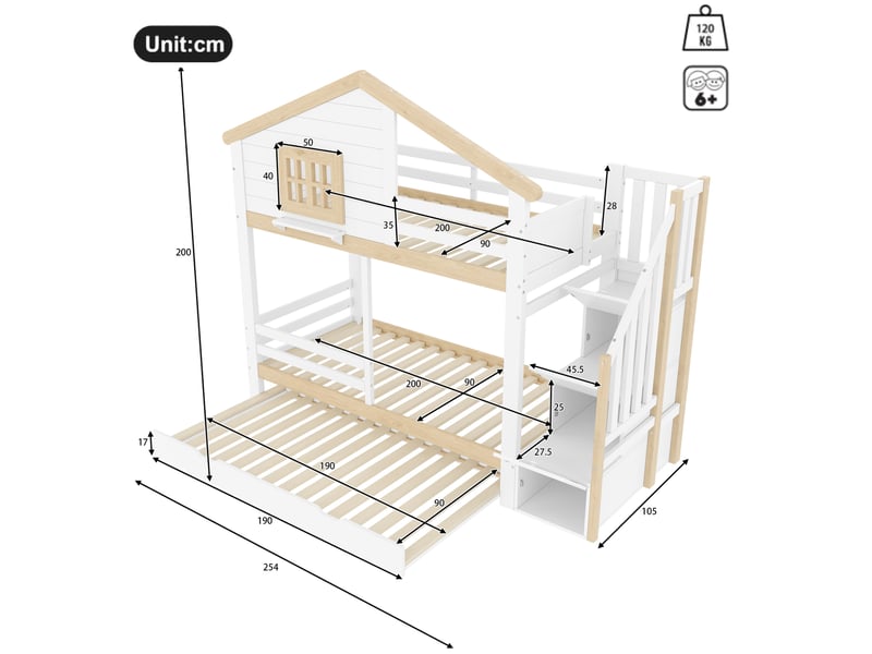  Lit superposé, 90x200 cm, maison, escalier de rangement, avec lit gigogne, matelas non inclus, coloris blanc et naturel  - Conforama C