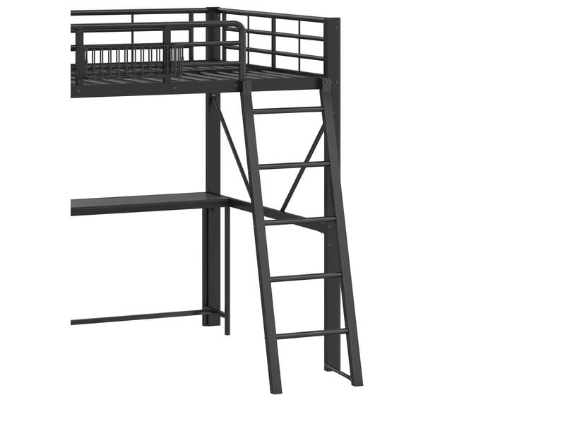  Lit mezzanine 140x200 cm, bureau intégré, étagère 4 niveaux, panier de rangement, led, station usb, métal noir Radiant Stride - Conforama E