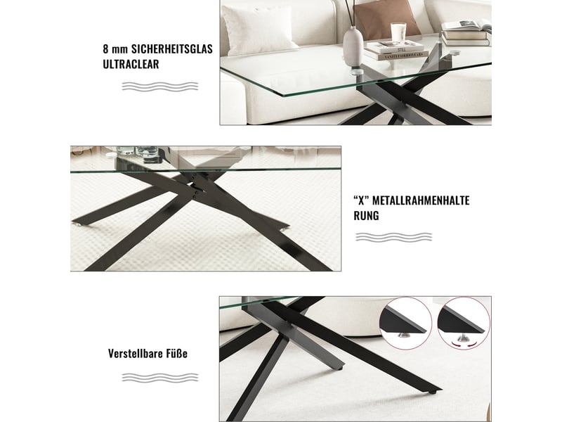 Table basse rectangulaire en verre trempé avec piètement métal stable - lpospi - bords arrondis verre et métal noir  - Conforama E