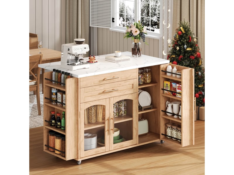  Îlot de cuisine mobile naturel 138 x 70 x 90 cm – avec plan rabattable extensible 45-70 cm, portes en verre trempé et 5 roues freinées TG Store - Conforama B