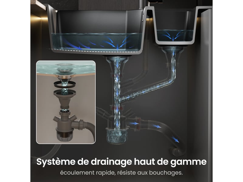 Anycee max évier de cuisine en granit 86x45cm - évier 1,5 bac - avec bac principal et bac secondaire - avec siphon et crépine - noir - Conforama C