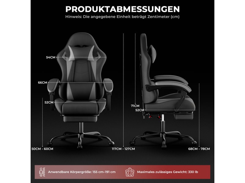  Chaise de bureau 66 x 52 x 117–127 cm - chaise de gaming ergonomique avec repose-pieds rétractable, coussin lombaire et têtière - noir et gris  - Conforama C