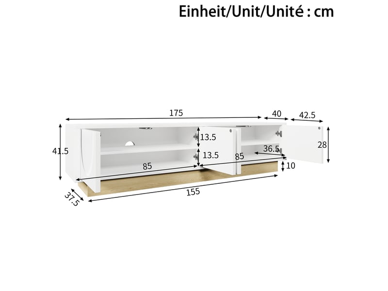  Meuble tv ulevr avec rangement et passe-câbles, 175 x 40 x 41,5 cm, mdf blanc et décor bois  - Conforama C