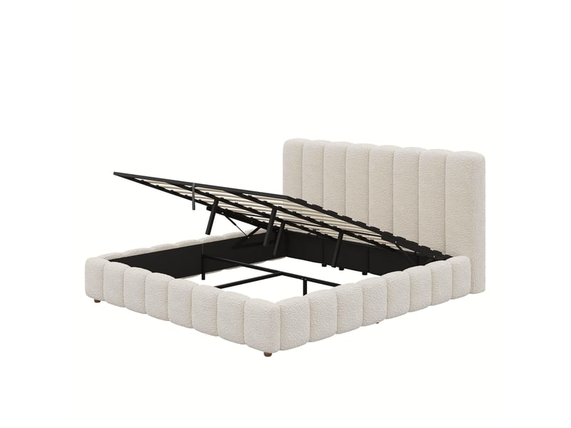 Lit coffre 200 × 200 cm, tissu bouclé, tête de lit rembourrée, sommier relevable inclus, pieds en bois massif, blanc - Conforama A