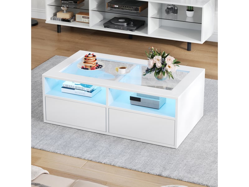  Table basse rectangulaire blanc avec 2 tiroirs - 50x100 cm led panneau de particules table basse blanc - Conforama D