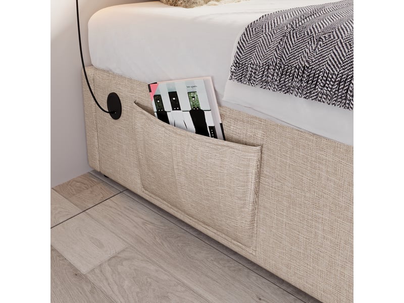 Lit coffre 200x90 cm en lin, lit simple avec rangement, usb, type-c et poche, sans matelas, beige et naturel - Conforama E