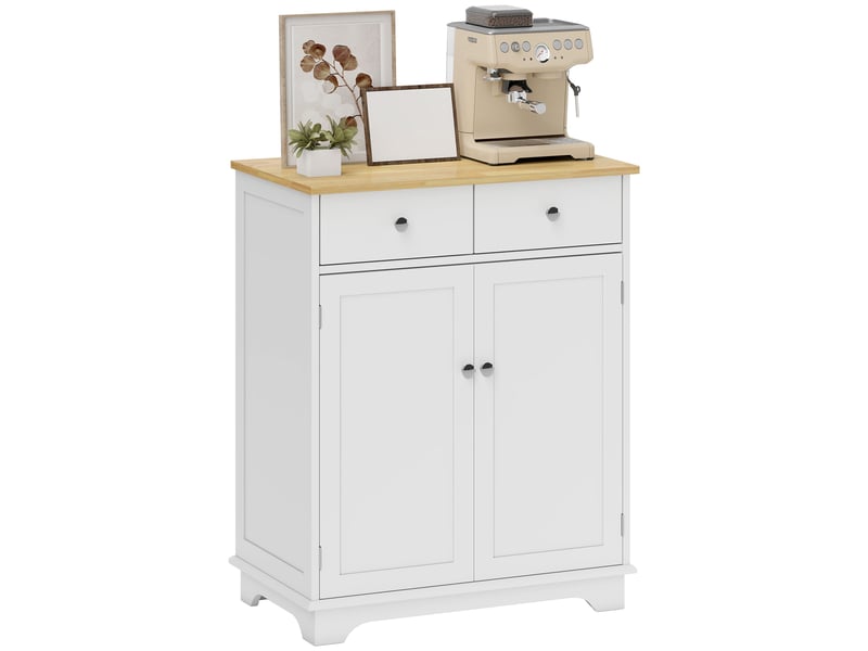  Meuble de rangement buffet salon avec placards à portes, 2 tiroirs et étagère réglable, armoire de rangement pour salon, cuisine, chambre, blanc et bois naturel  - Conforama A