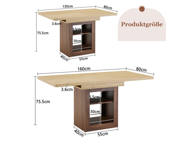 Table à manger extensible 130-160 cm avec rangement, finition bois naturel et noyer, mdf, 4 à 8 personnes - Conforama C