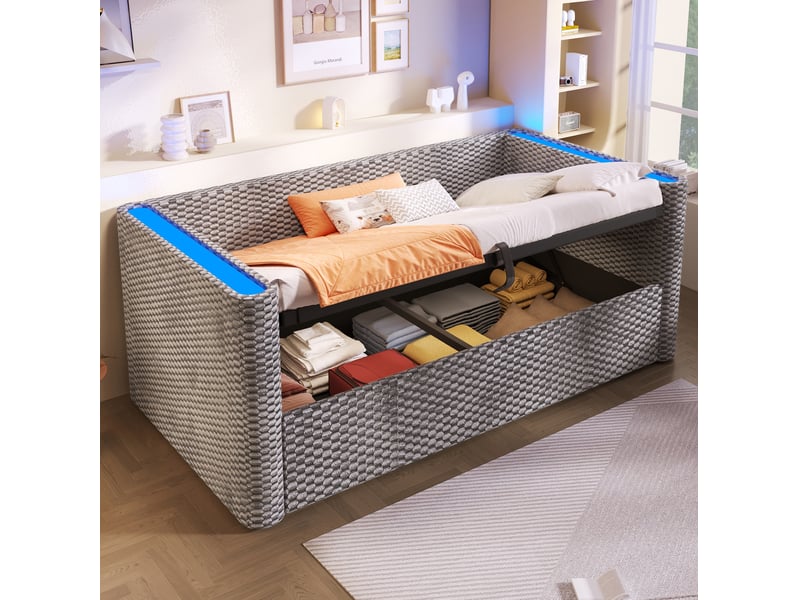  Lit banquette tcqpz 90 x 200 cm avec led et rangement hydraulique en velours gris  - Conforama B