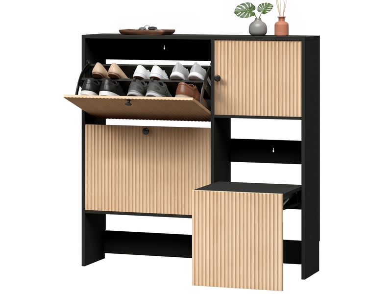  Meuble à chaussures étroit avec 2 tiroirs abattants, tabouret dissimulé, étagères réglables, capacité de 8 à 10 paires de chaussures, 100x23,8x100cm  - Conforama B